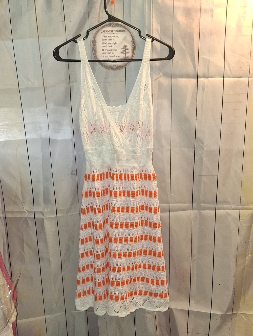 Crochet Knit Sundress with Orange Stripe Detail